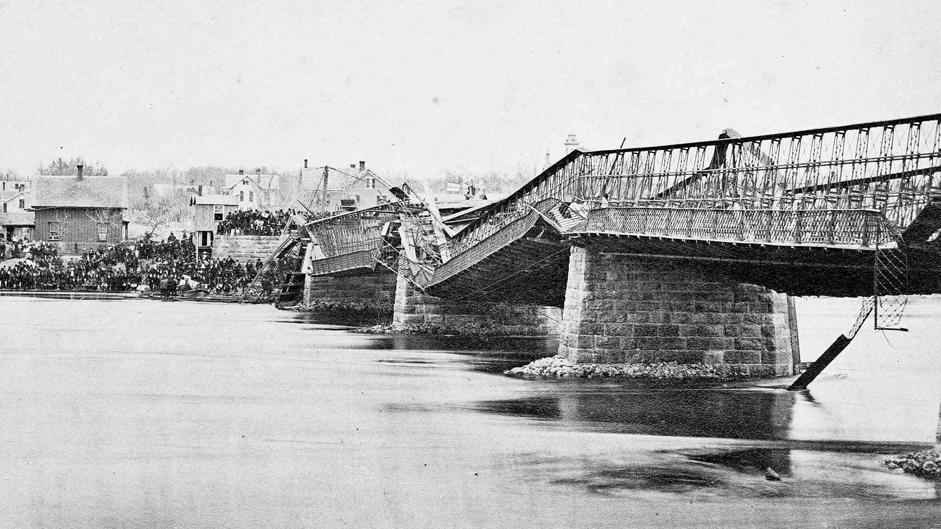 A view of the collapsed Truesdell Bridge in Dixon, Illinois, 1873.
