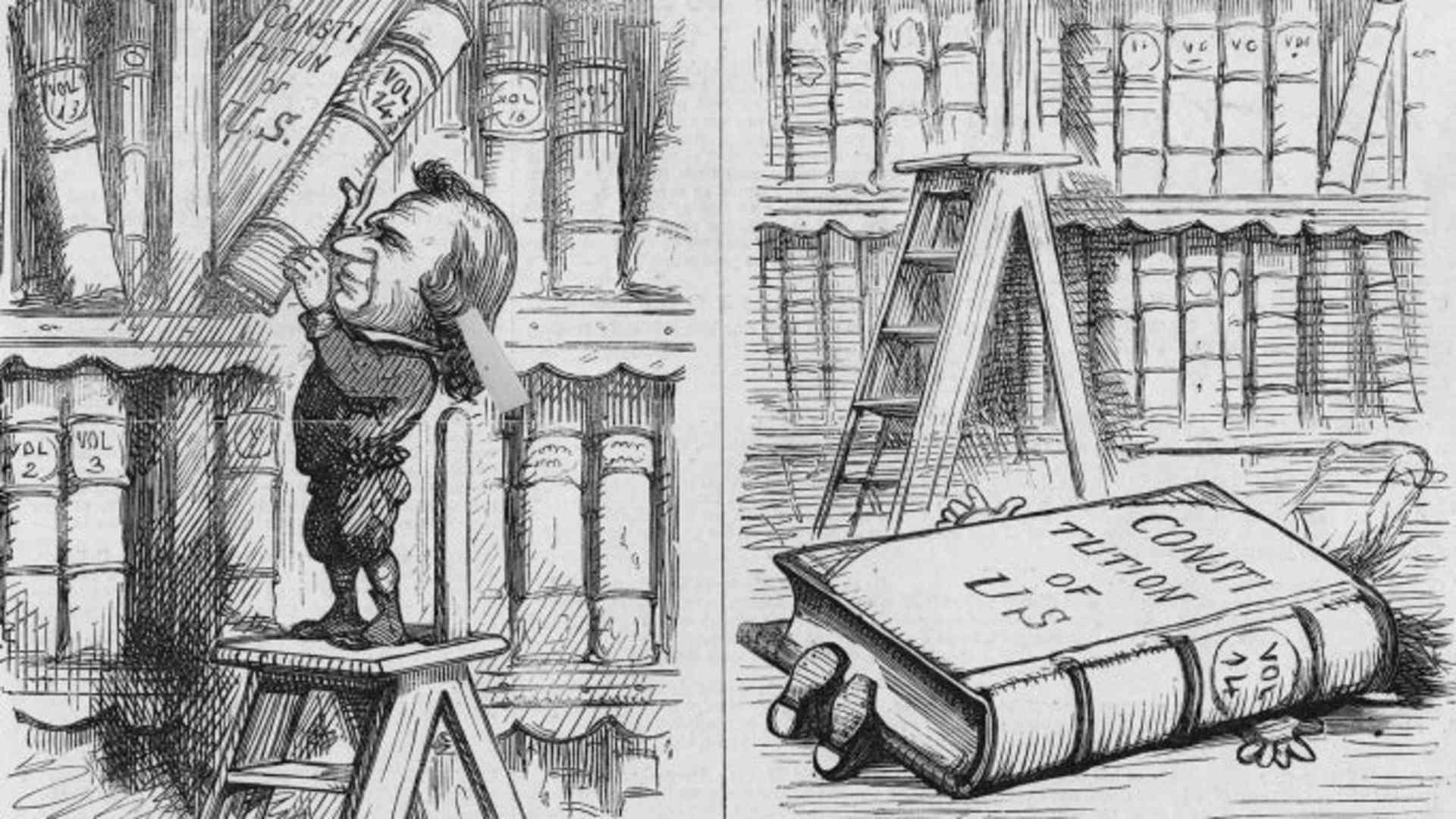 A political illustration from 'Harper's Weekly' made during the impeachment trial of President Andrew Johnson referring to his defiance of the Constitution, 1868. (Credit: Kean Collection/Getty Images)