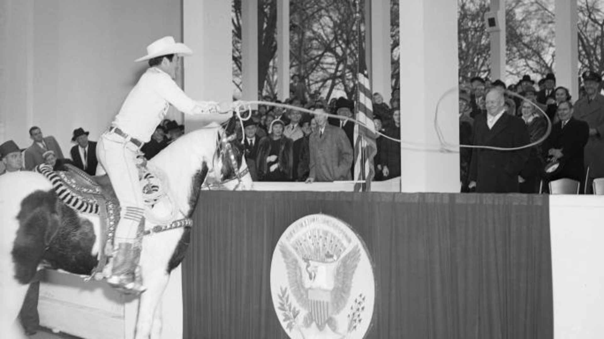 Cowboy Monte Montana, lassoing President Dwight D. Eisenhower during the 1953 inaugural parade.