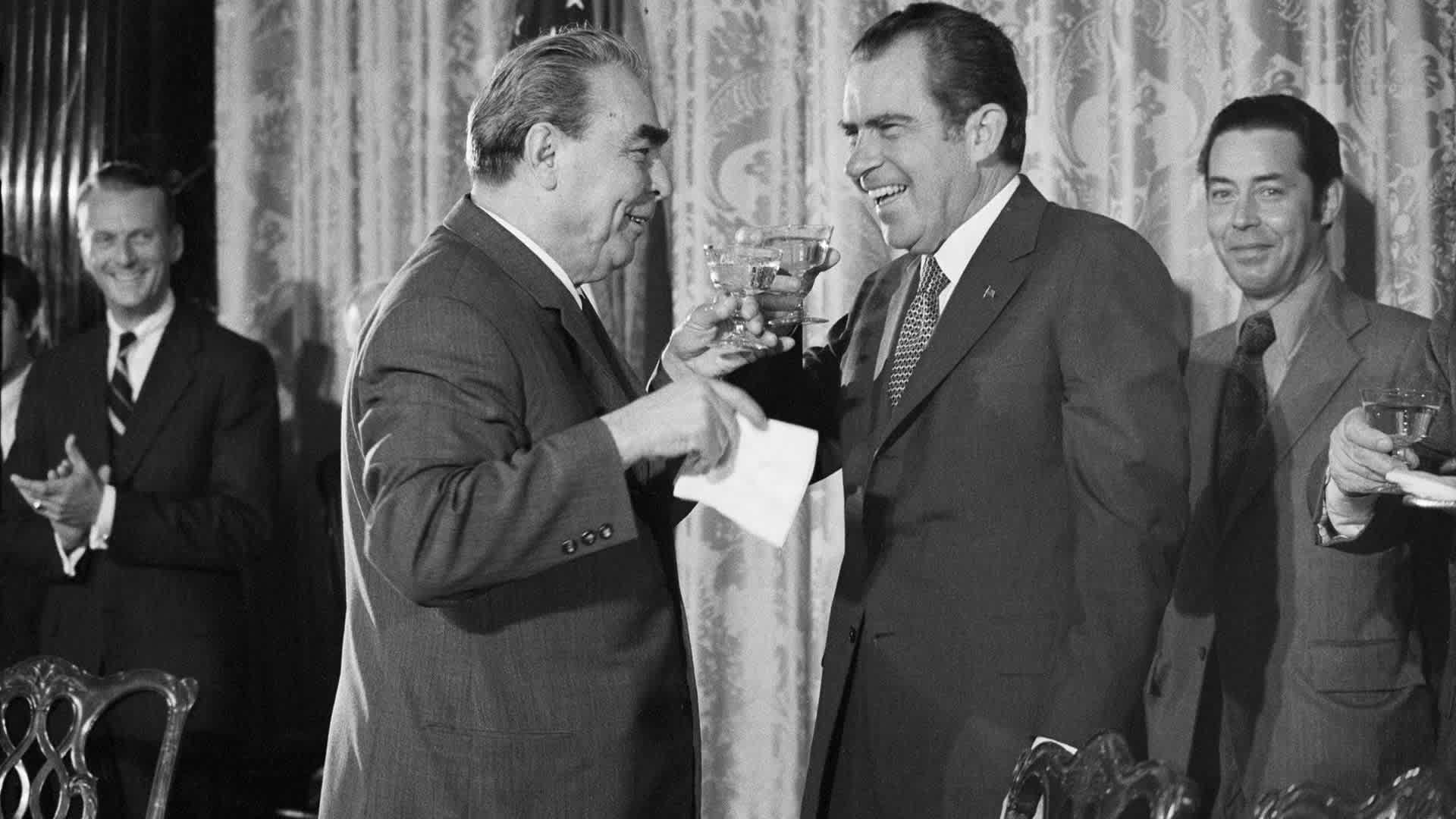Soviet leader Leonid Brezhnev and U.S. President Richard Nixon drink champagne to celebrate the signings of four agreements between their two countries in Washington, D.C. on June 19, 1973.