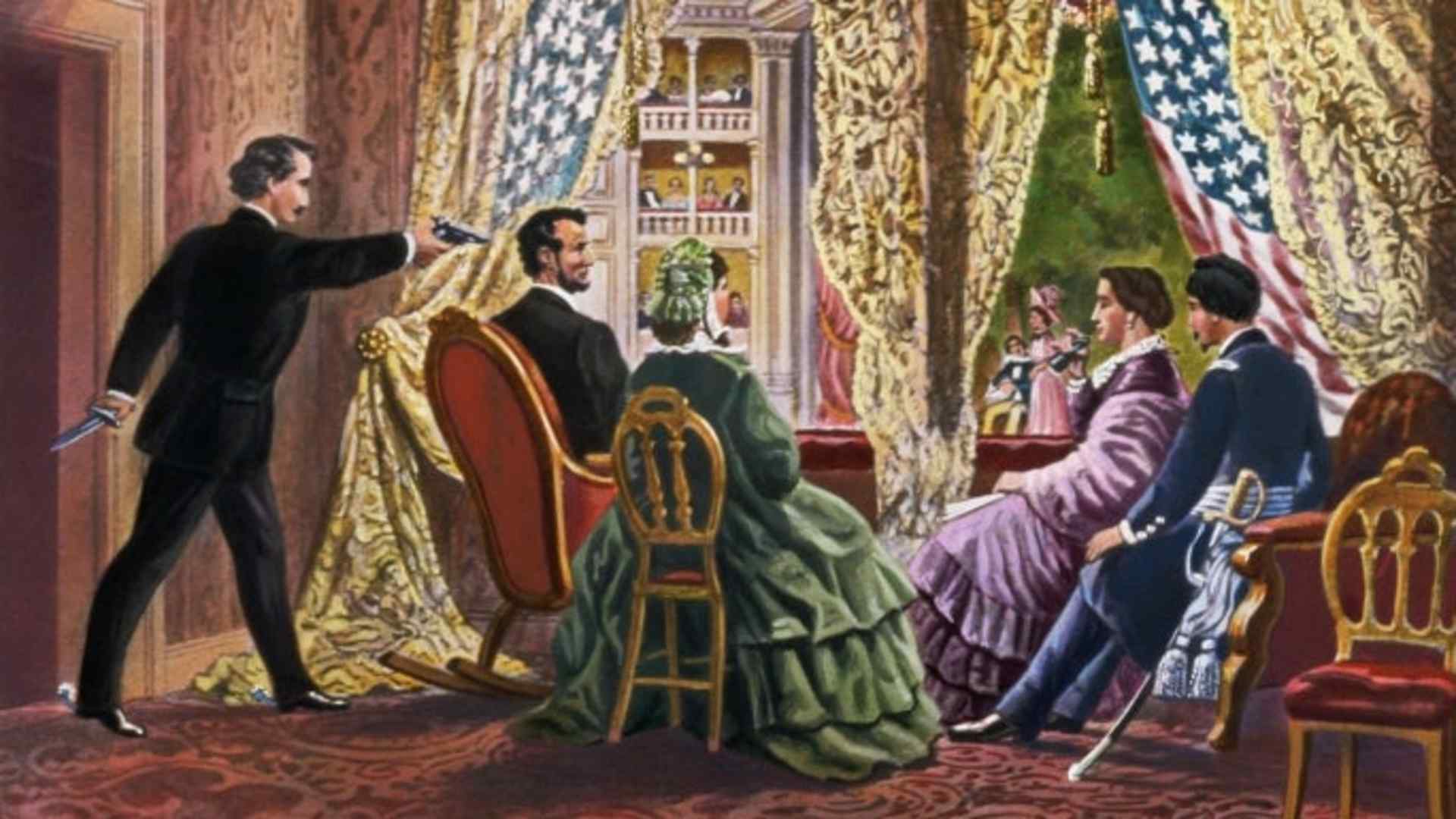 The assassination of President Abraham Lincoln at Ford's Theater in Washington, D.C, 1865. (Credit: Bettmann Archive/Getty Images)