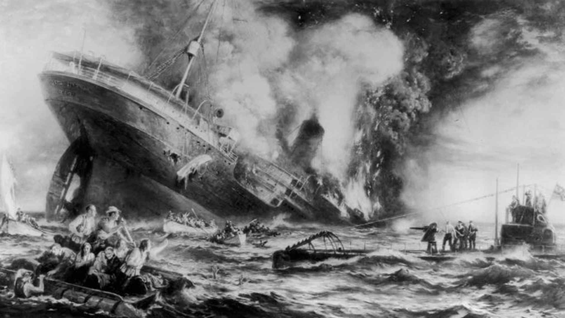 The sinking of Lusitania by a German submarine off the Old Head of Kinsale, Ireland, 1915. The tragedy killed 128 US citizens, helping bring the US into World War I. (Credit: Three Lions/Getty Images)