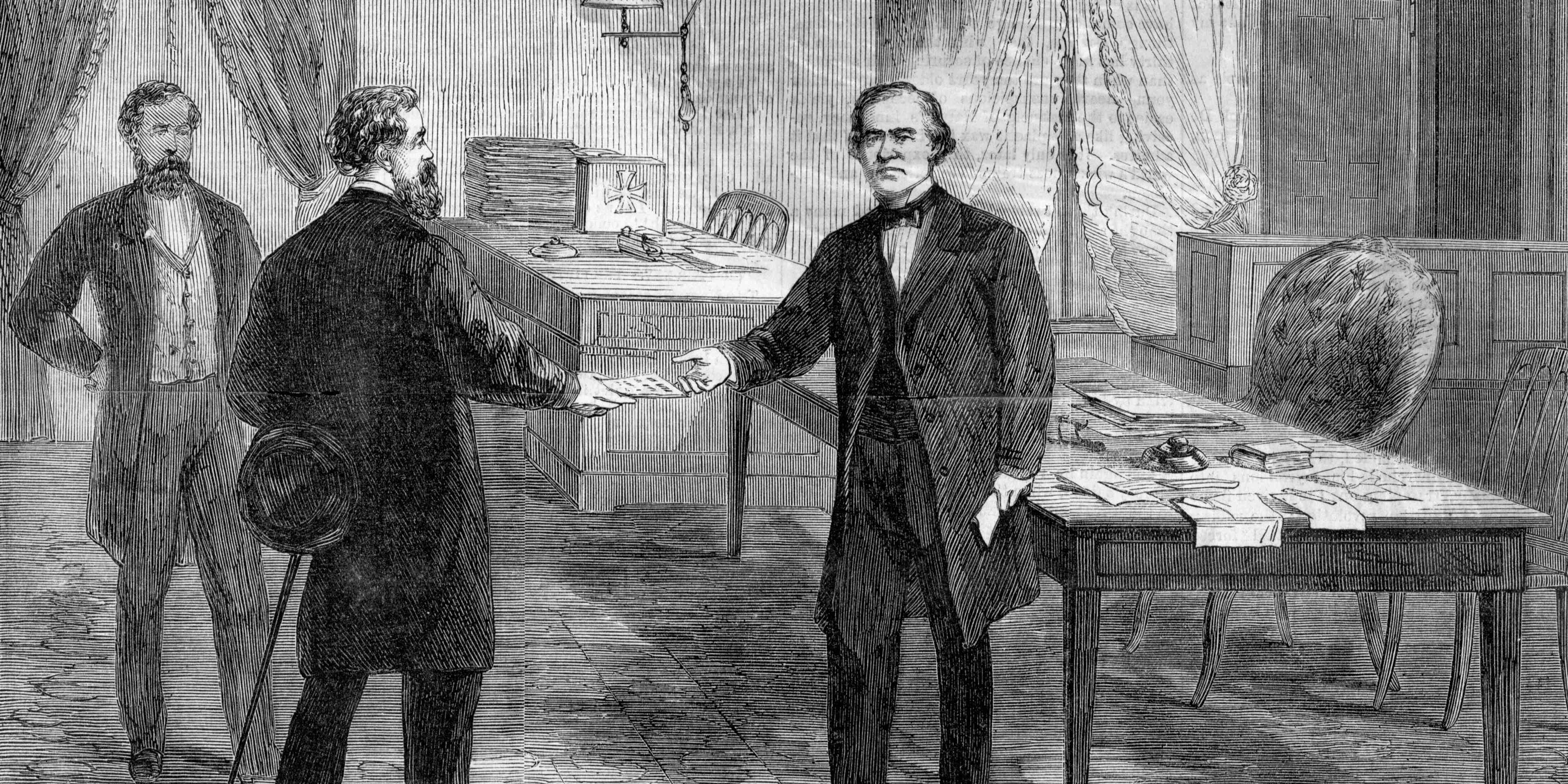 The Impeachment of President Andrew Johnson (1808-1875 - 17th President of the U. S.) on February 24, 1868. Woodcut.