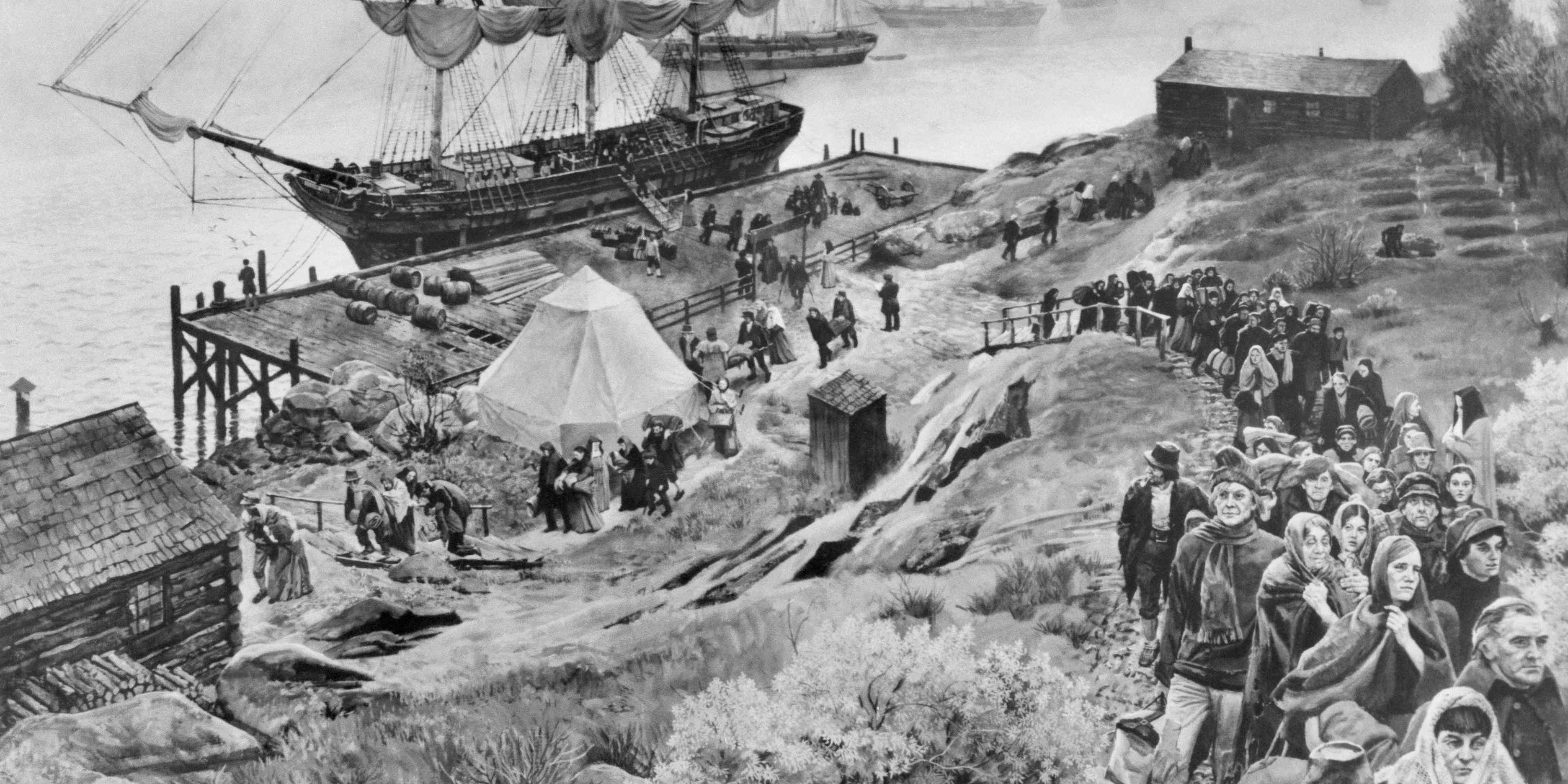 Our Nation's Past. New York, New York: This is a reproduction of "The Famished", a 50" x 36" oil on canvas by John Falter, one of six paintings depicting events in American history that he has been commissioned to do by 3M Company. The painting is of a scene at Grosse Isle, Canada, on the St. Lawrence River during the Irish immigration to the U.S. Fearful that a tide of Irish immigrants might engulf them, Americans insisted that some immigrants be diverted to Canada.