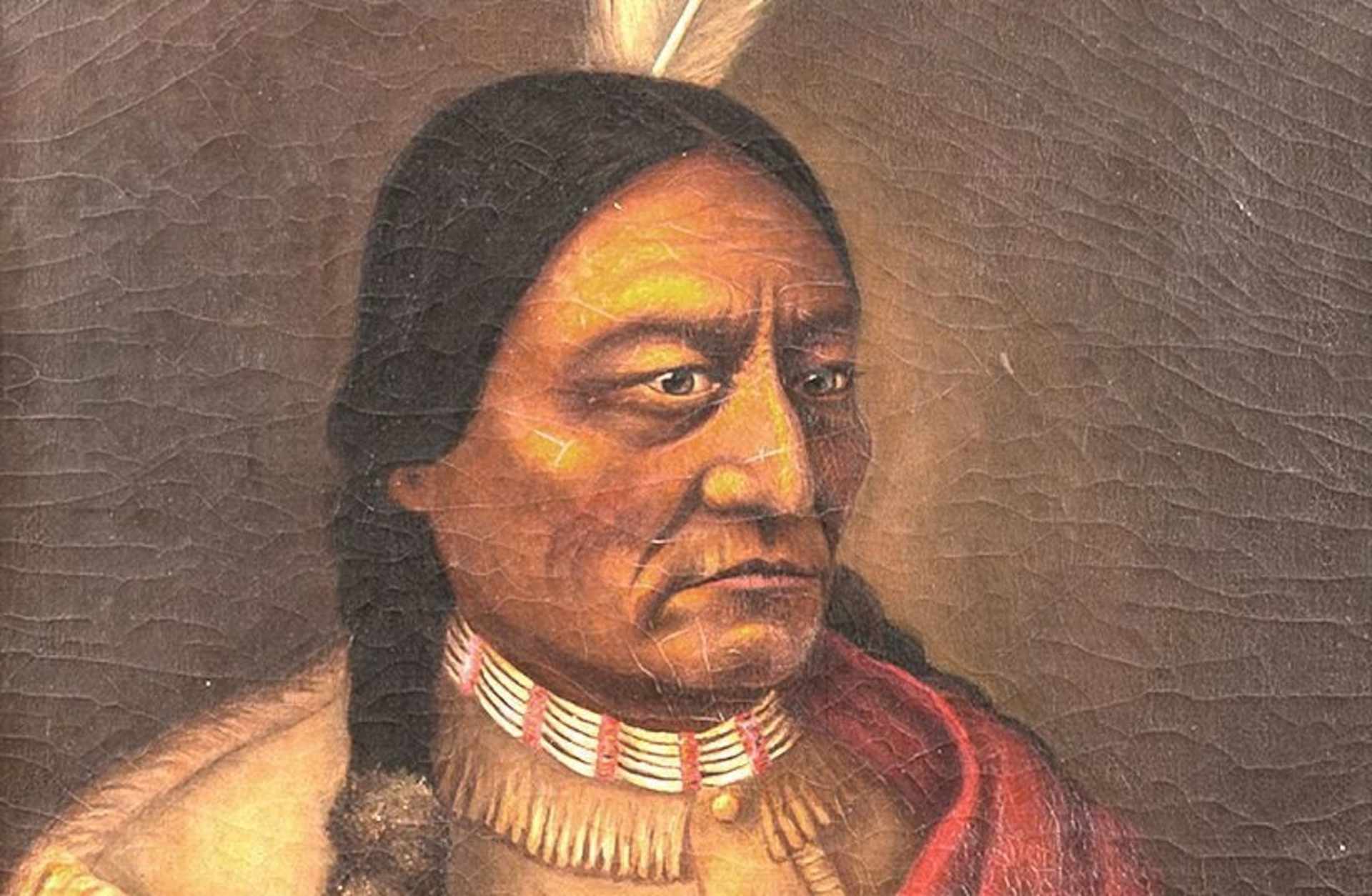 Painting of Sitting Bull: a 3/4 length portrait with a braid, one feather rising above the back of his head and a red blanket draped diagonally across his buckskin suit.