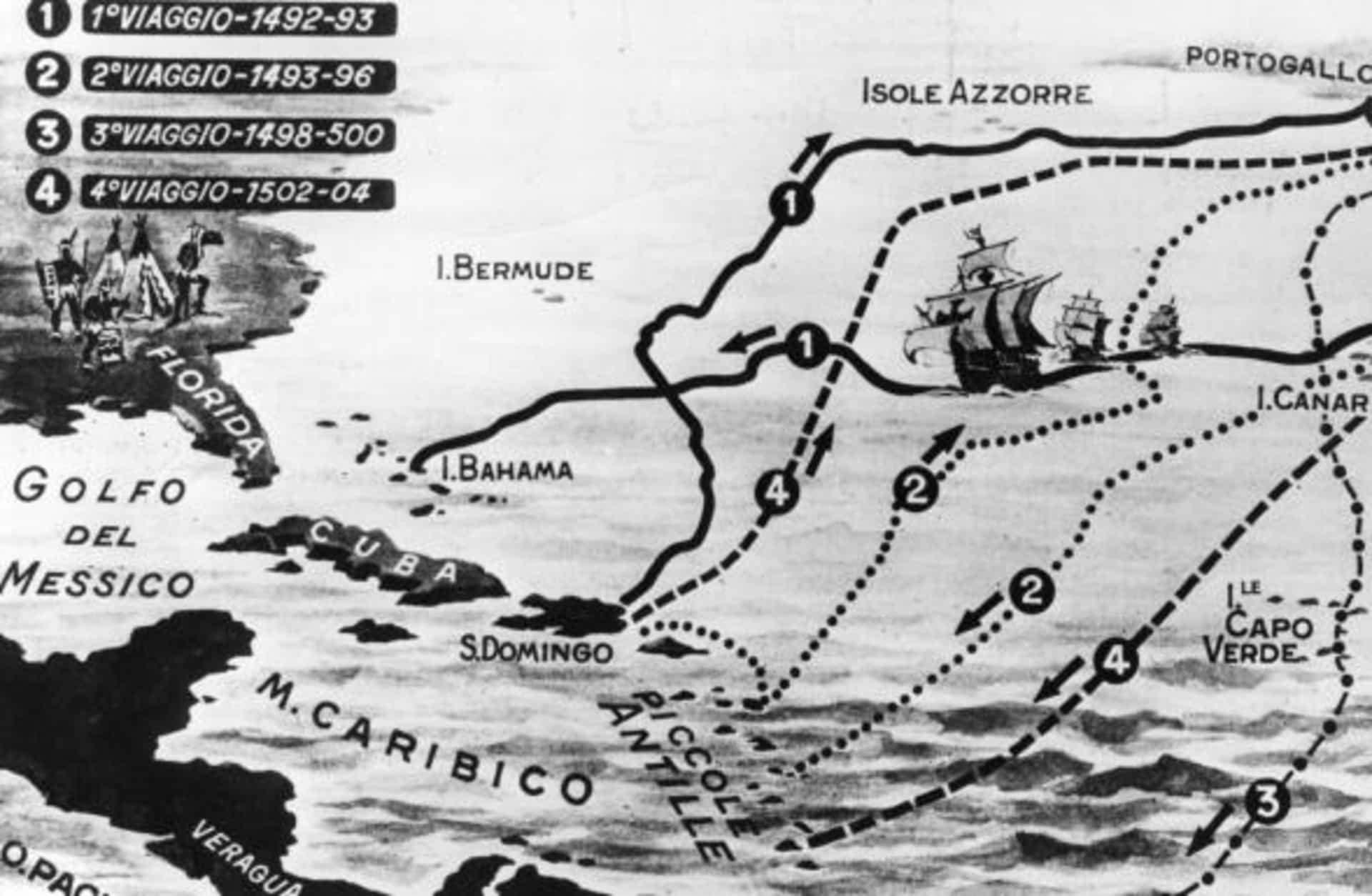 Circa 1510, A map of the four voyages of the Italian navigator, Christopher Columbus. (Credit: Hulton Archive/Getty Images)