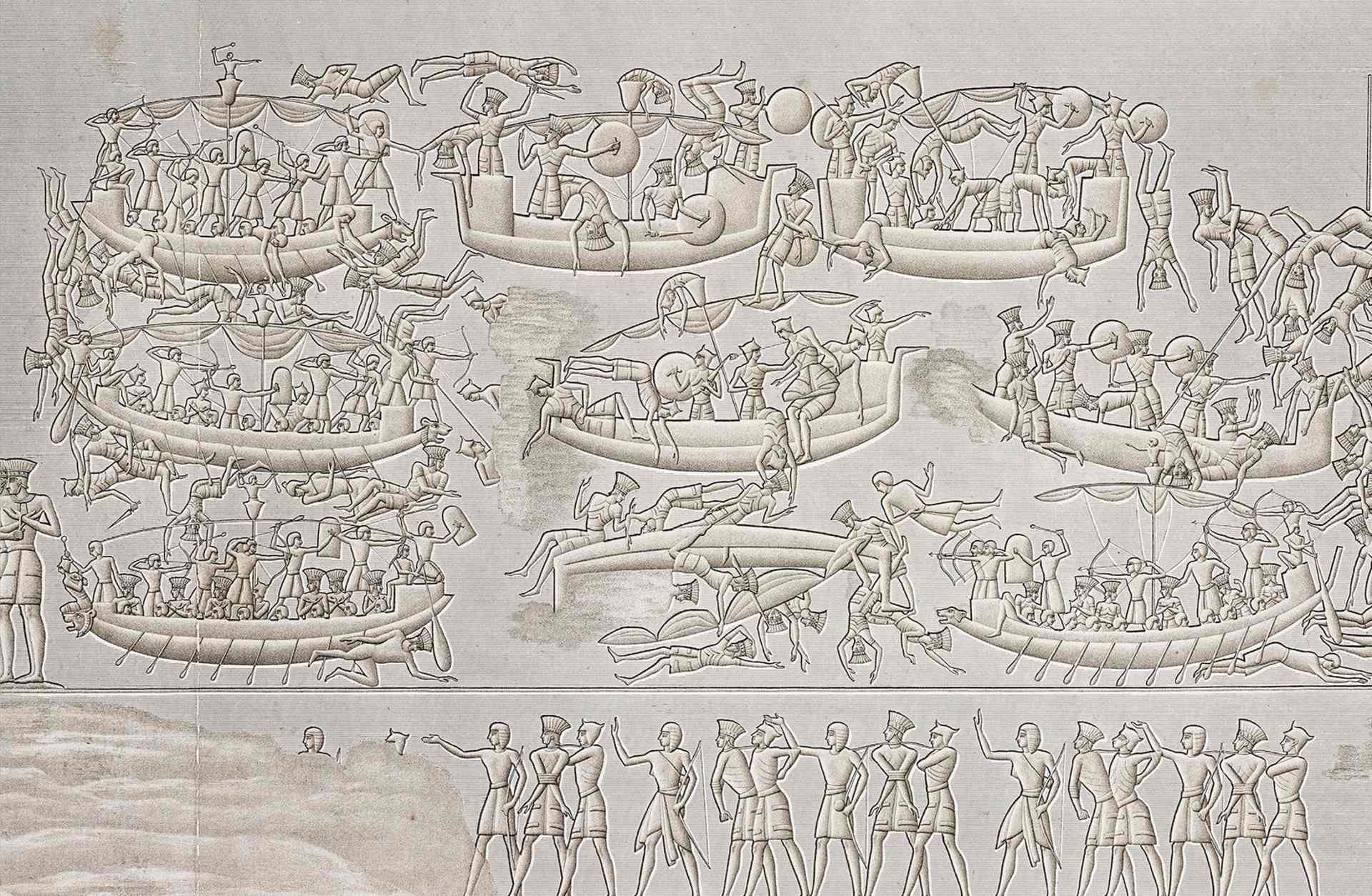 Ramses III and his soldiers defeating the Sea Peoples during the Battle of the Delta (naval battle), relief, Mortuary Temple of Ramses III, Medinet Habu temple complex, Theban Necropolis, Luxor, Egypt.