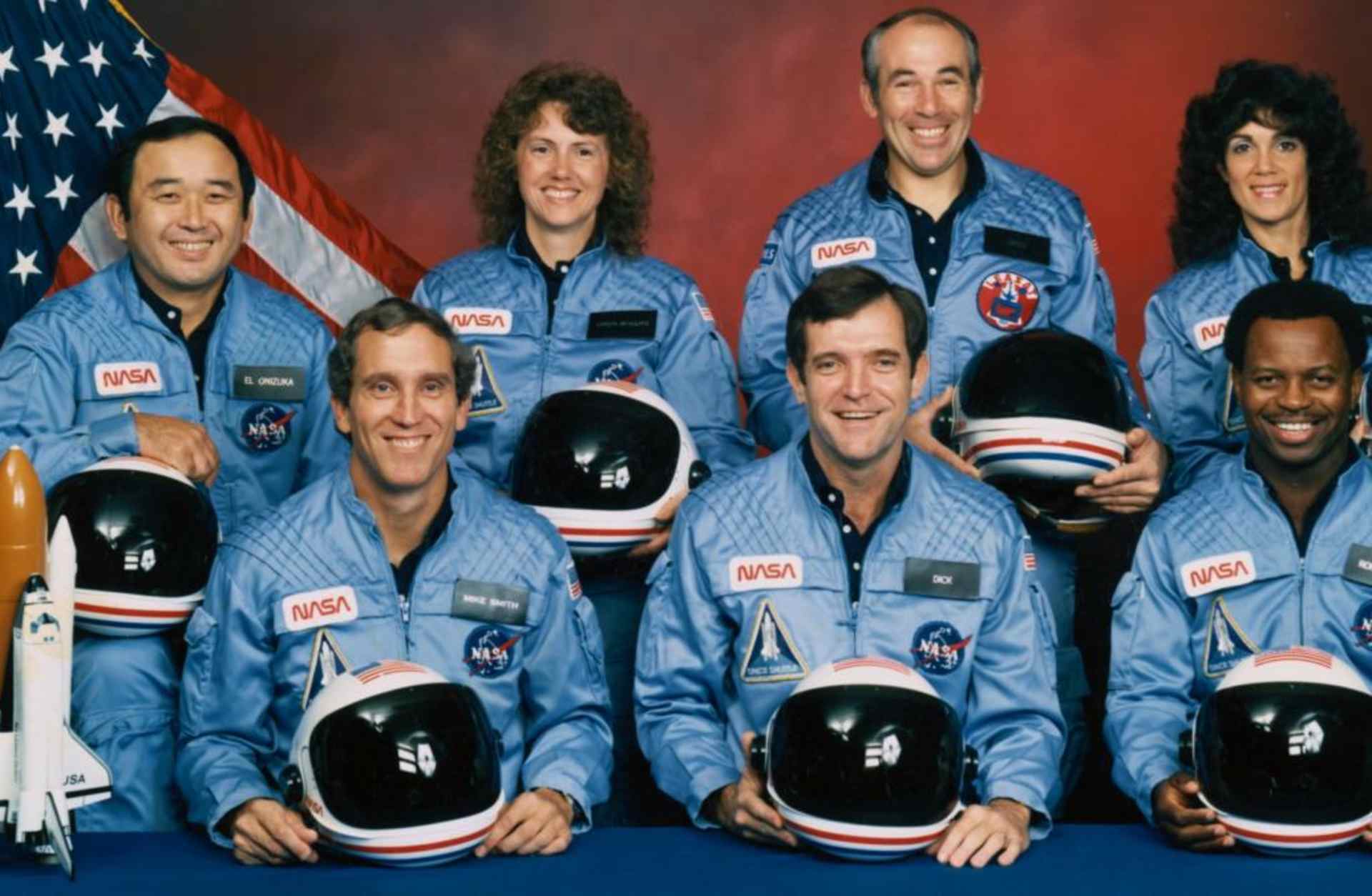 The five astronauts and two payload specialists that made up the STS 51-L crew aboard the Space Shuttle Challenger in January of 1986. Crew members are (left to right, front row) astronauts Michael J. Smith, Francis R. (Dick) Scobee and Ronald E. McNair; and Ellison S. Onizuka, Sharon Christa McAuliffe, Gregory Jarvis and Judith A. Resnik. 