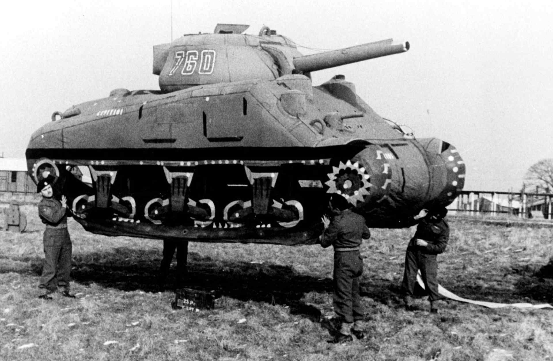 A rubber decoy tank designed to deceive German forces in World War II, shown in England, circa 1939.