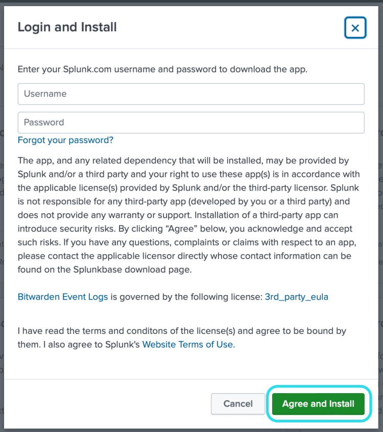 SplunkにBitwardenアプリをインストールしてログインしてください。