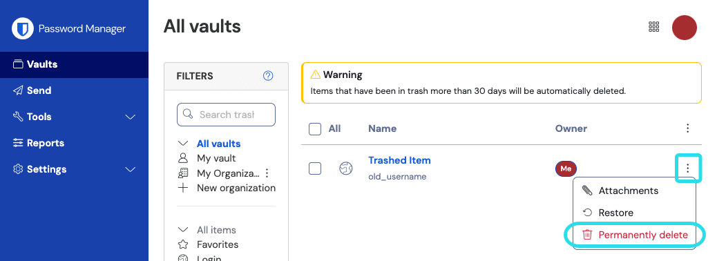 Trash in the web app