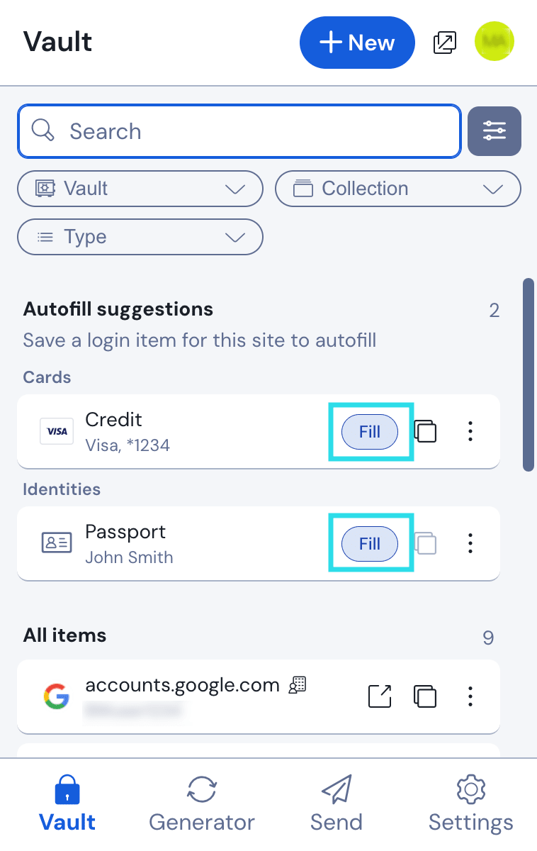 Fill Card and Identities