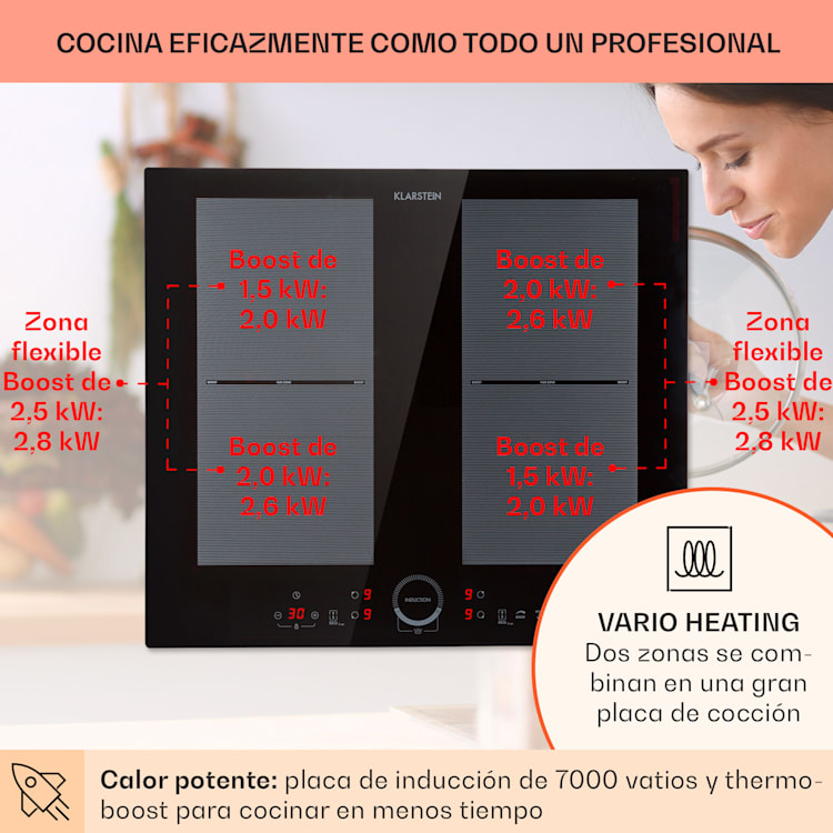 Placa de inducción Delicatessa 60 4 zonas 7000W vitrocerámica Vidrio Negro