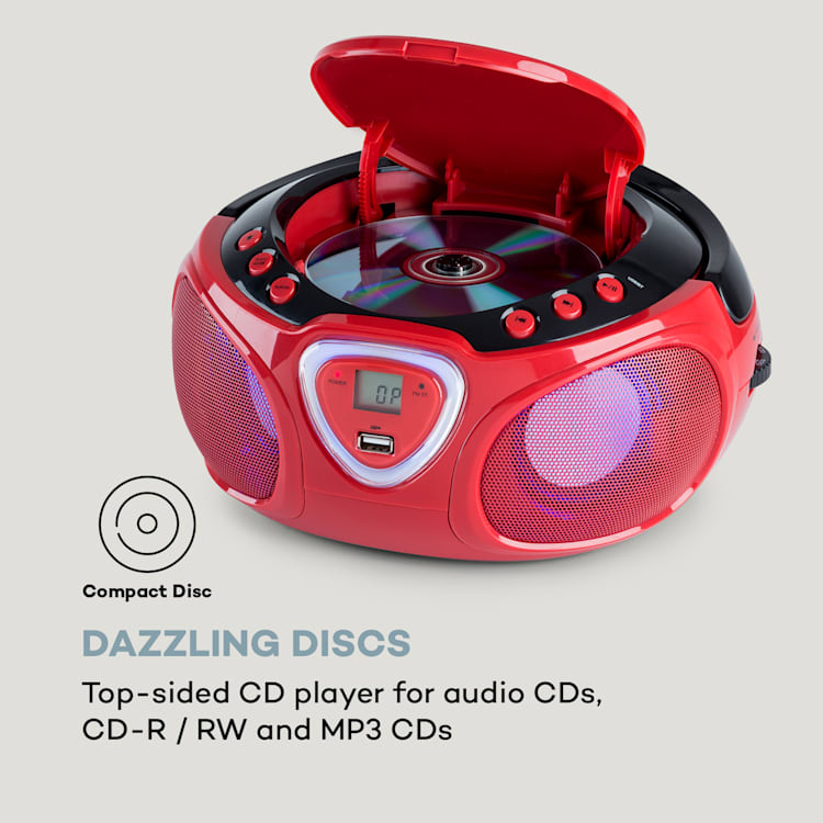 Roadie CD Boombox UKW Radio, Light Show, CD přehrávač, Bluetooth 5.0 Červená