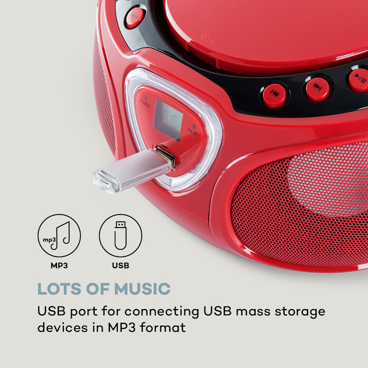 Roadie CD Boombox UKW Radio, Light Show, CD přehrávač, Bluetooth 5.0 Červená