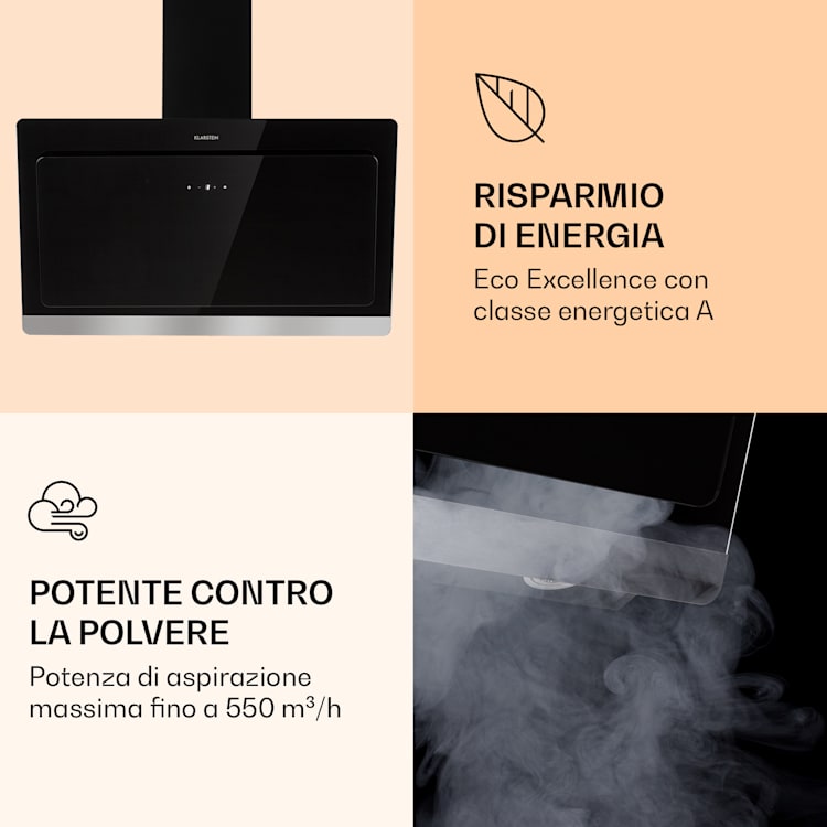 Aurora Eco 90 Cappa aspirante, 550 m³/h, 90cm, senza testa, luce ambiente, CEE A+ Nero | 90 cm