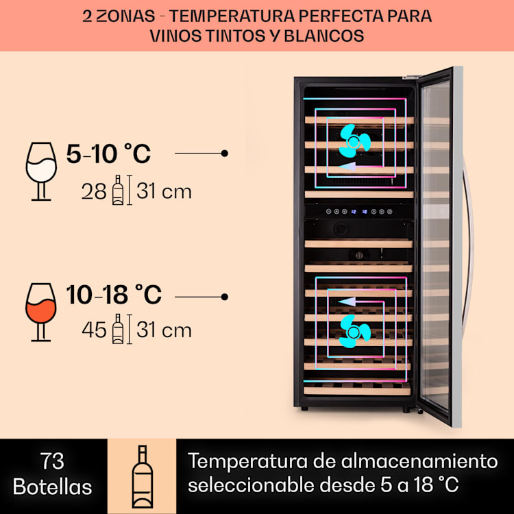 Vinamour 73 Duo nevera para vinos 2 zonas 192 L / 73 botellas 5-18°C Touch 73 botellas | 2 zonas de refrigeración | Acero Inoxidable