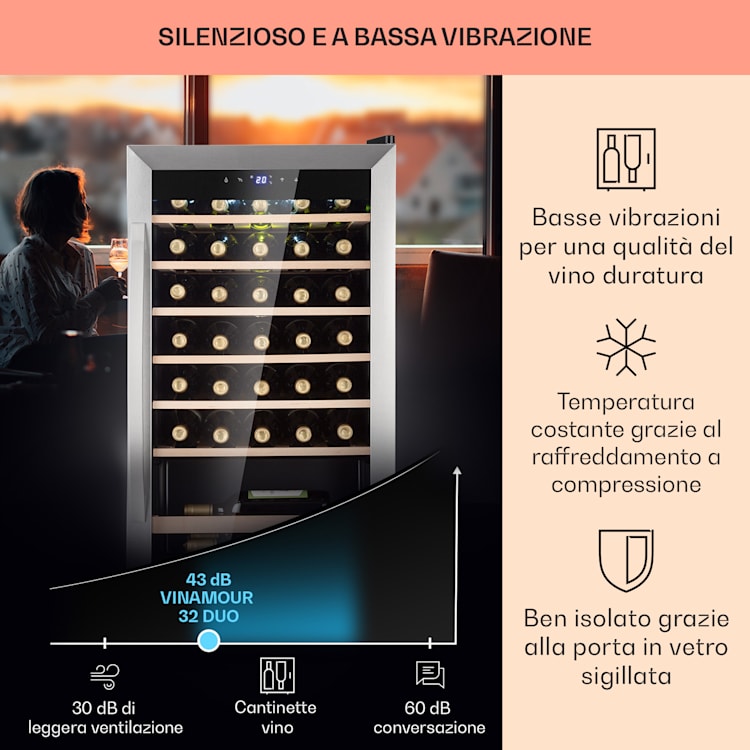 Vinamour 32 Uno - Frigorifero per vini, 1 zona, 95 L/36 bottiglie, 4-18 °C, touch 32 bottiglie | 1 zona di raffreddamento | Acciaio inox