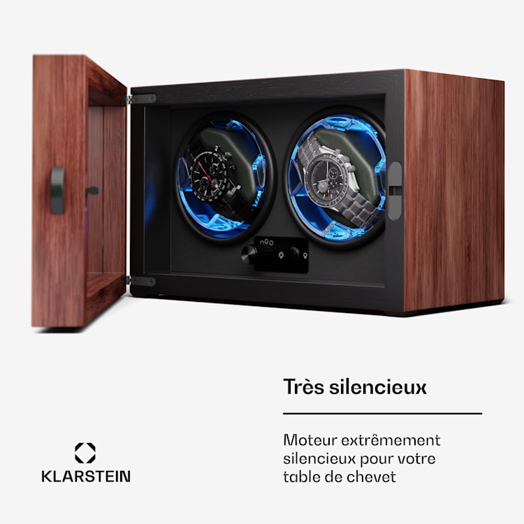 Brienz 2 watchwinder, 2 horloges, 4 modi, houten look, blauwe binnenverlichting 2 horloges | Walnoot