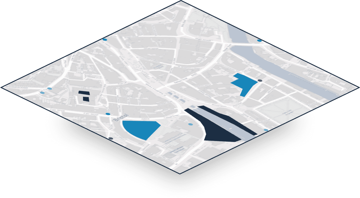 Informational map layers with added details, for example geographical features, amenities, infrastructure, or the area for a planned development