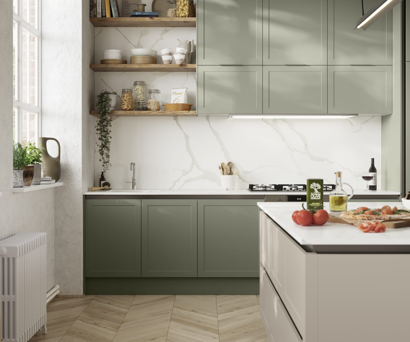 Integra Dunham from Magnet is a handleless shaker frontal, here shown in kitchen with kitchen island and wall cabinets in shades Misty Moors and Pebble, with a white marbled worktop and matching splashback with wood open wall shelves..