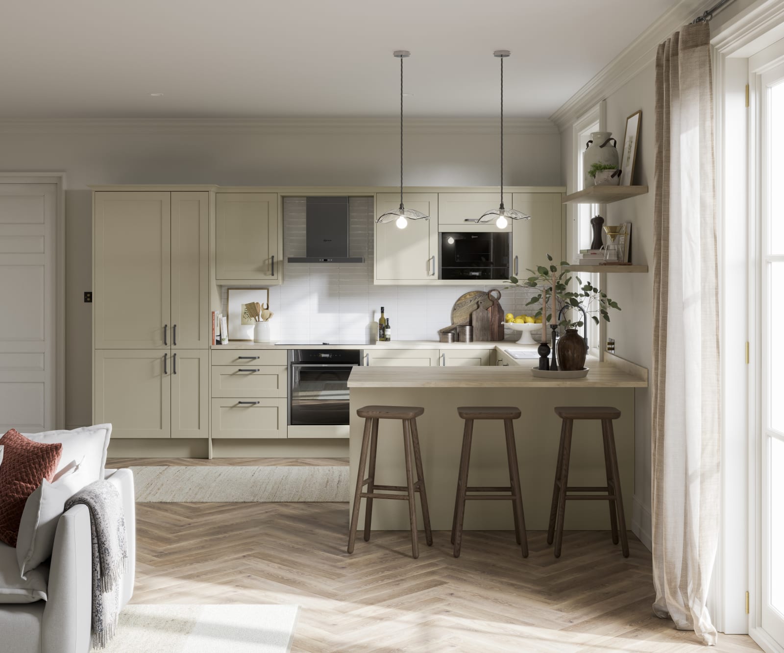 Full open plan room view of Tatton Sage from Magnet, a contemporary narrow frame shaker door.