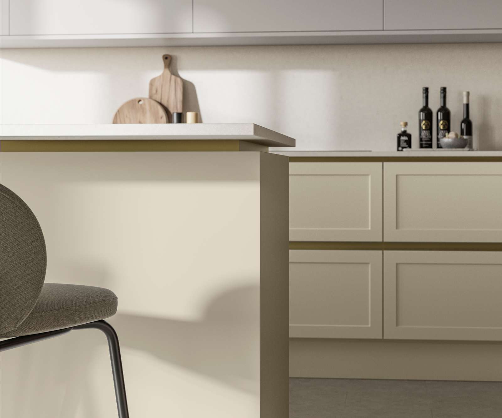 Integra Dunham Parchment, with brass details and a white worktop.