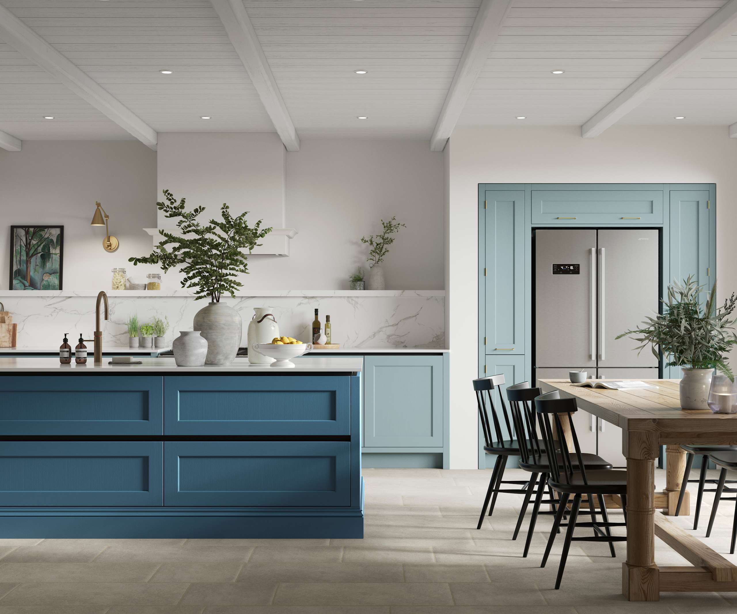 Integra Ludlow in shades Sky and Voyage Blue, a contemporary take on a Shaker kitchen, where the premium frontal features panelled doors with integrated handles.