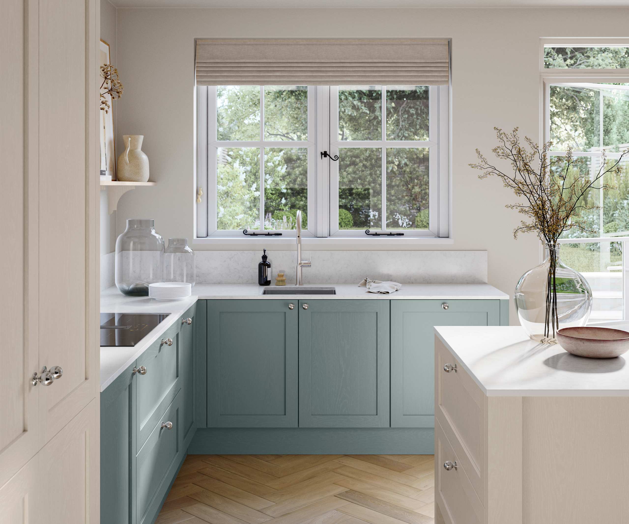 Open floor plan kitchen in light room, with blue Duck egg cabinetry as well as light beige Limestone shade kitchen island and tall cabinetry, matched with stel knobs and windows above sink area.