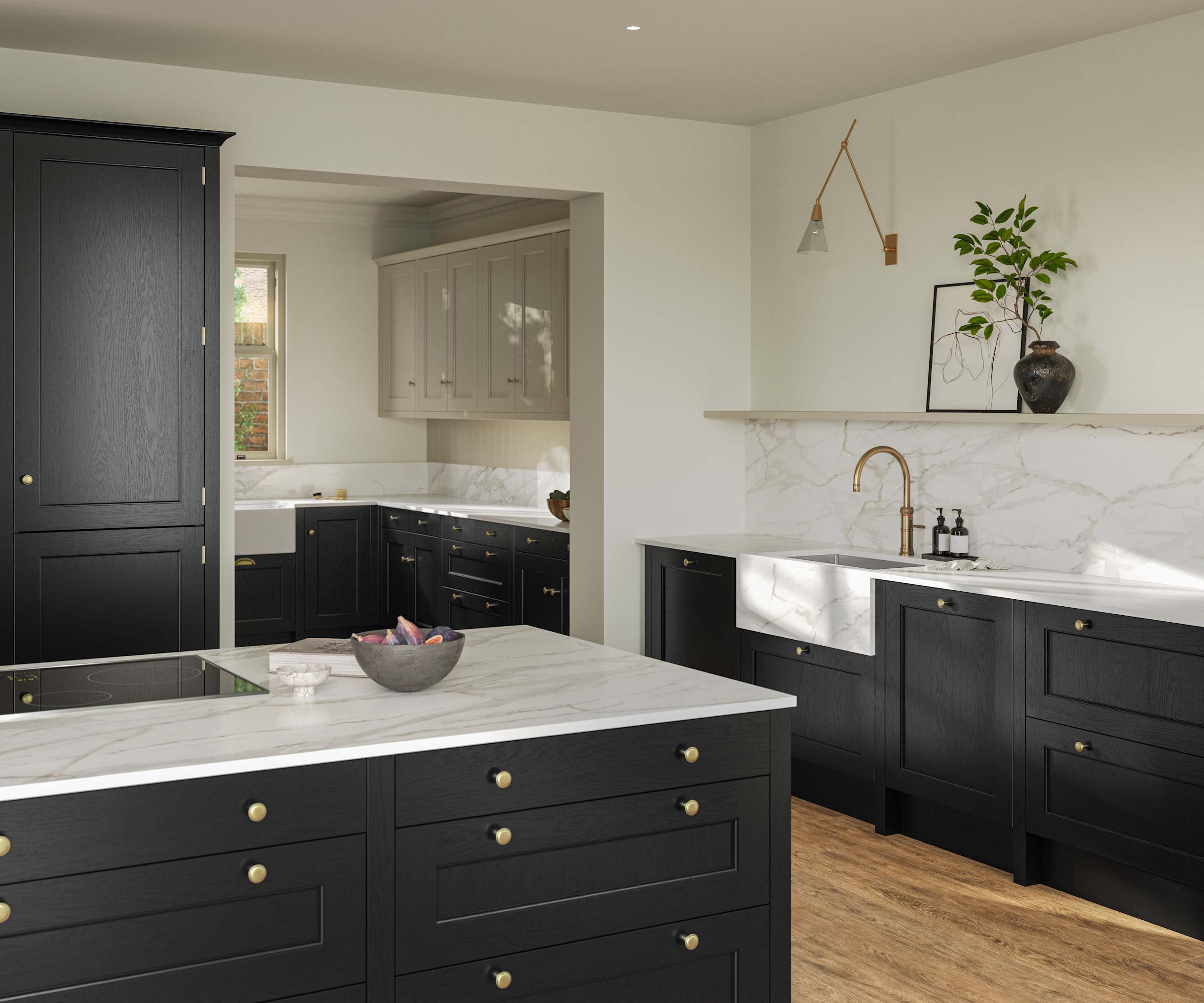 Traditional Shaker-style tactile woodgrain Ludlow Sumi Black kitchen with kitchen island, light and airy with brass accessories, marbled white and grey worktop, Ludlow French Clay wall cabinets and Amtico oak stripwood vinyl flooring.