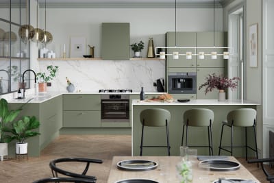 Soho from Magnet. Bold slab doors style this premium contemporary kitchen design available in 20 colours.