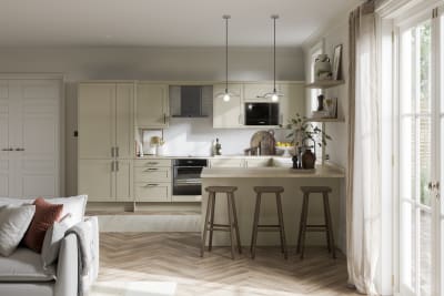 Full open plan room view of Tatton Sage from Magnet, a contemporary narrow frame shaker door.