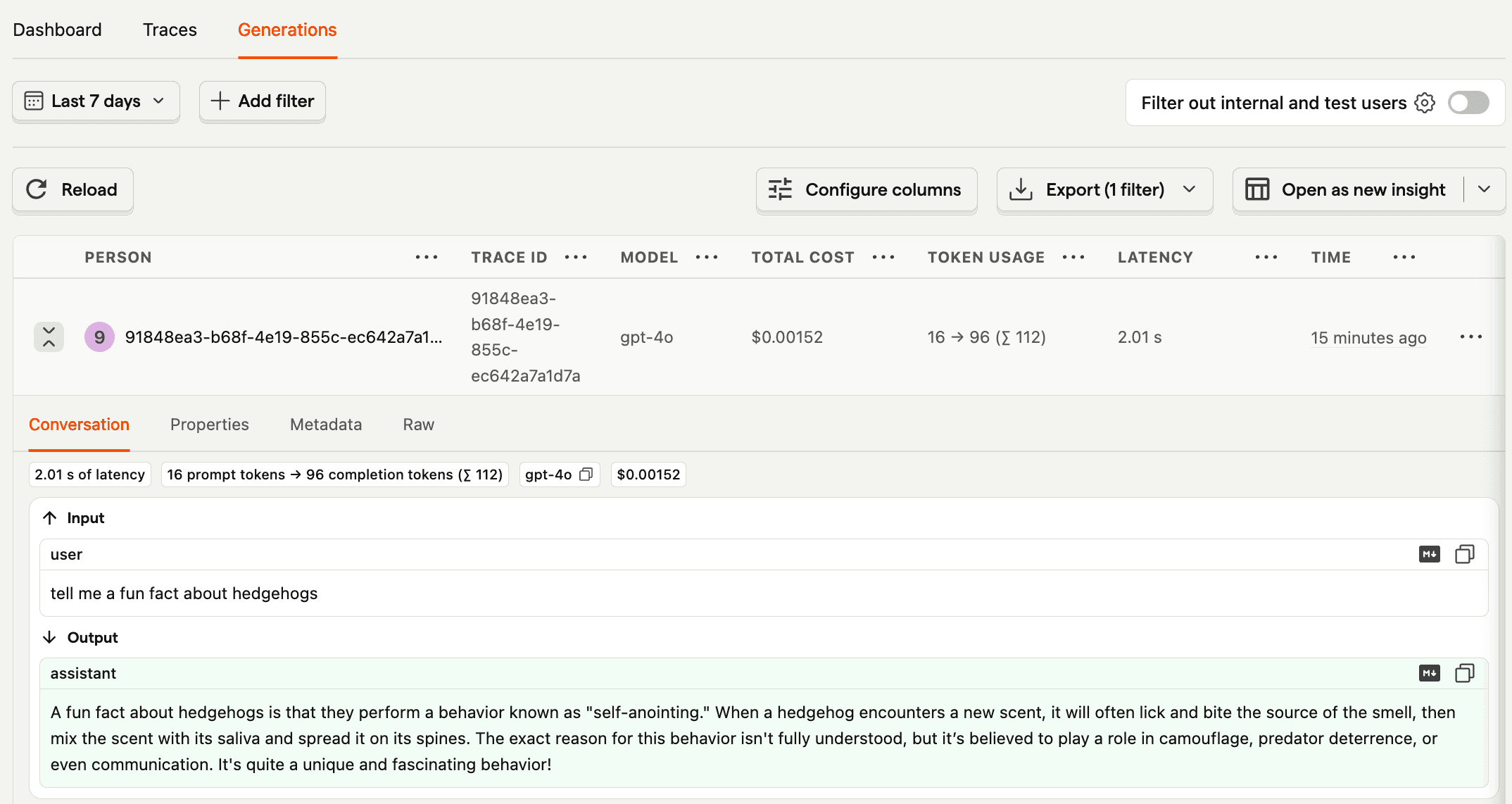 LLM observability dashboard