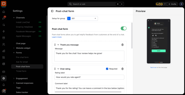 livechat app with post-chat form edit view