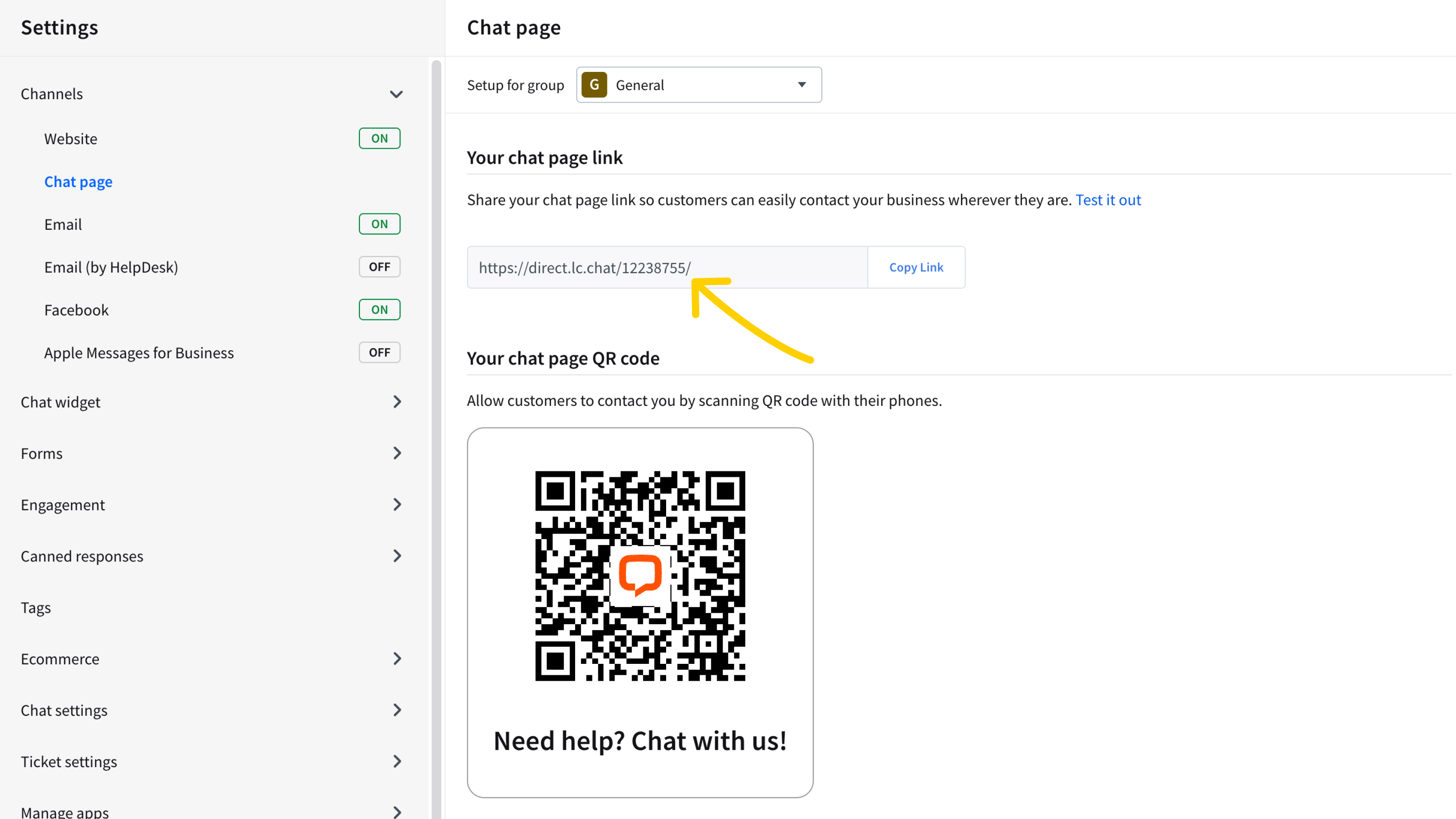 Find your chat link in settings