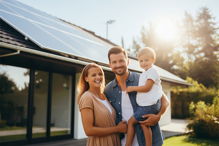 Eine junge Familie steht vor einem modernen Haus mit Solarpanelen auf dem Dach, umgeben von einem Garten mit grünem Gras und Bäumen. Die Sonne scheint hell und erzeugt eine warme Atmosphäre.