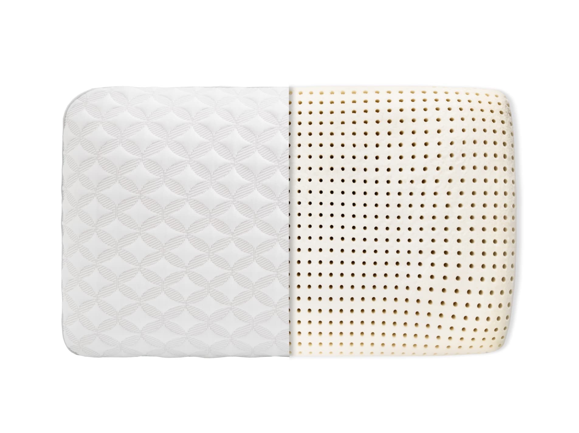 talalay latex pillow product photo with the cover pulled back revealing the foam