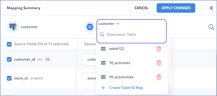 Change Destination table from edit mapping summary page