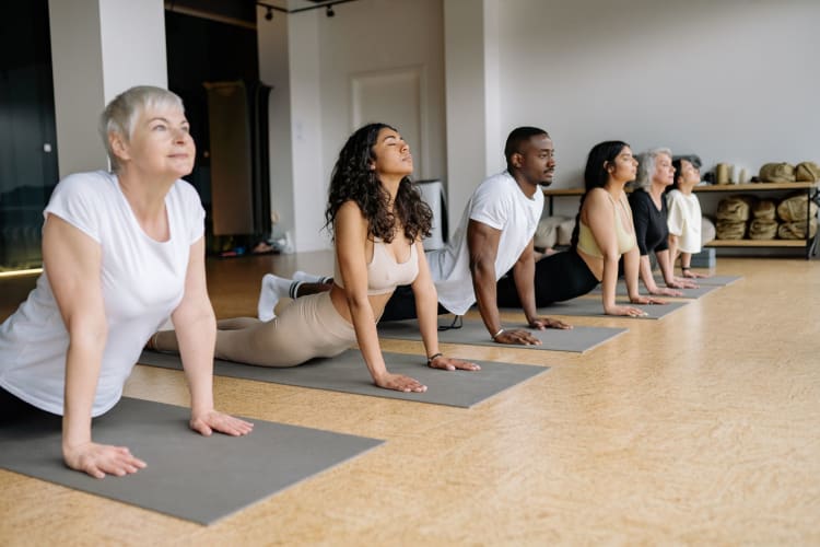 a group of men and women line up on mats on the floor, stretching and looking upwards, holding a yoga pose