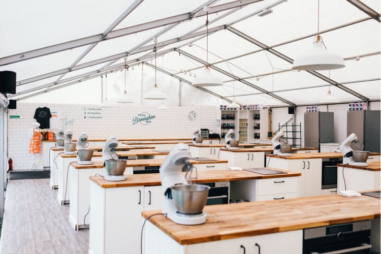 a group kitchen set up ready for a baking competition