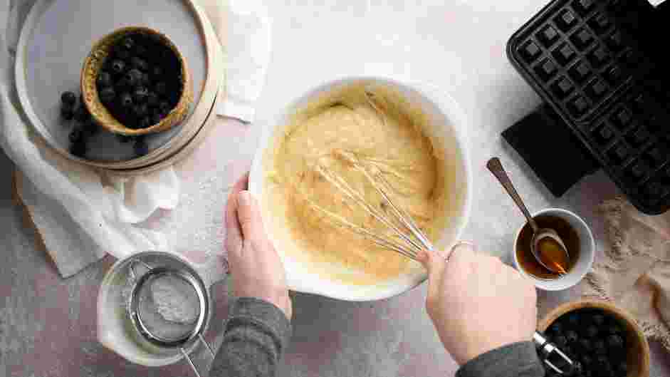 Blueberry Waffle Recipe:
Add the egg mixture to the flour mixture and fold with a rubber spatula until you see streaks of flour.