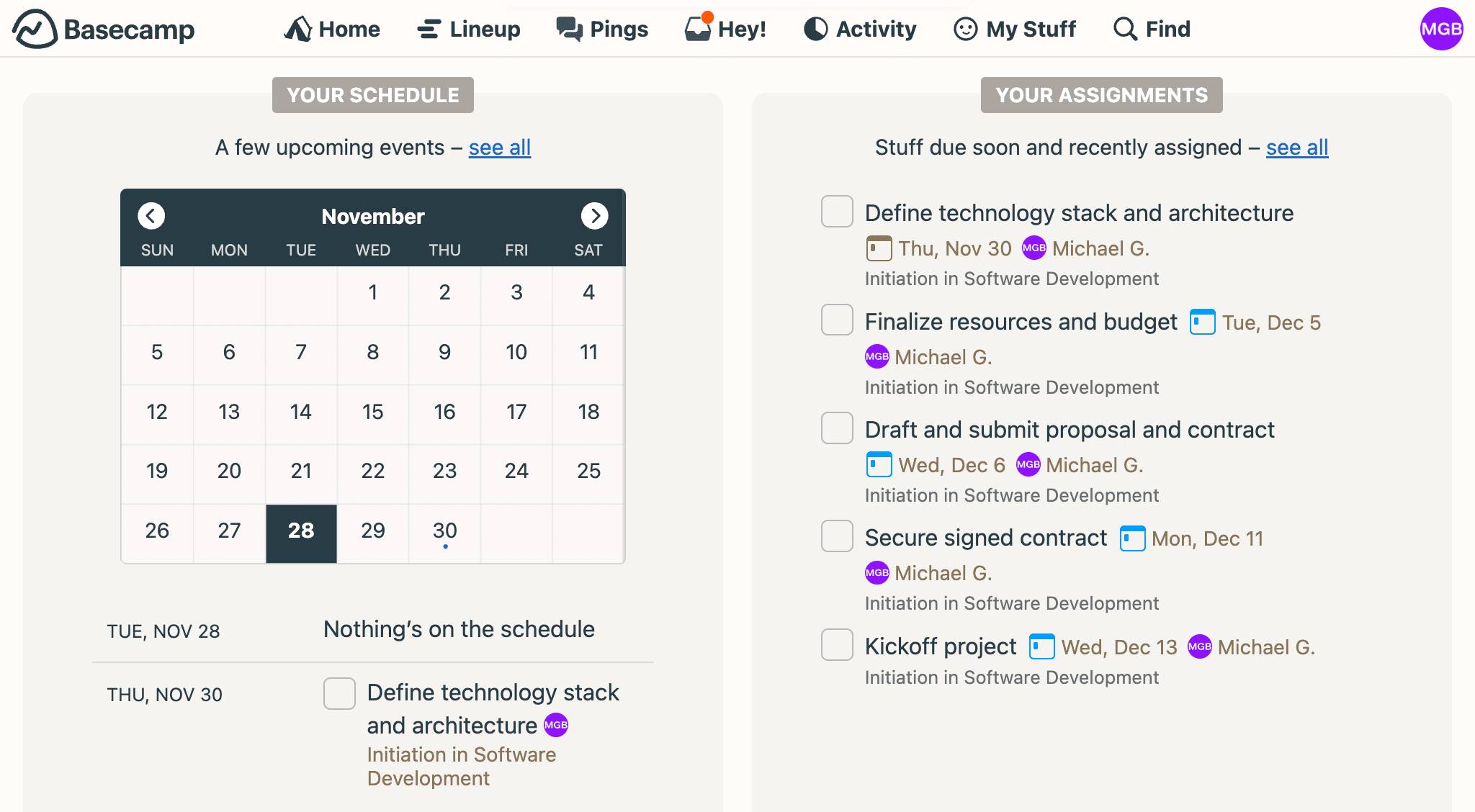 Screenshot of a dashboard in basecamp to show its capabilities as an airtable alternative. Includes a calendar and assignment list.