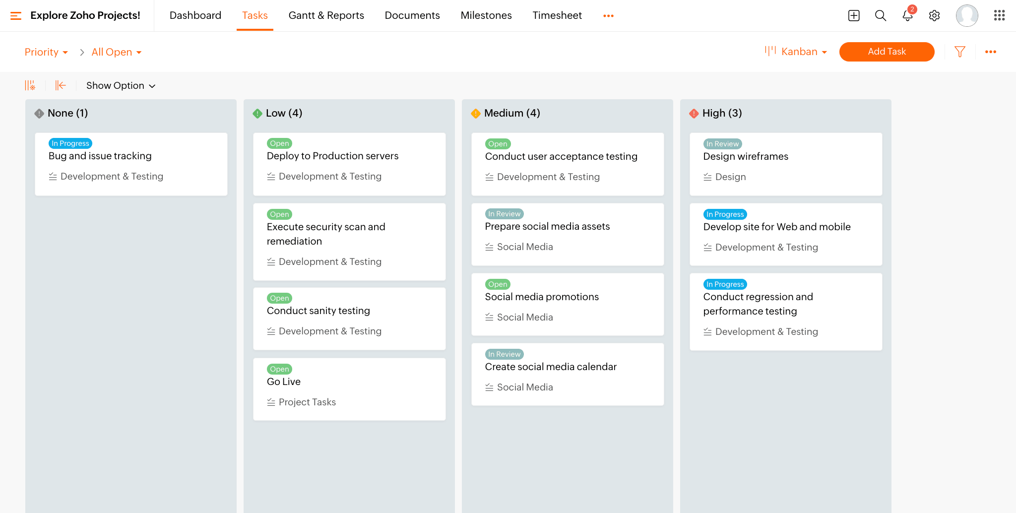 A screenshot of Zoho's interface to depict its functionality as an Airtable alternative. Shows a Kanban board with taks on 4 sections: none, low, medium and high.