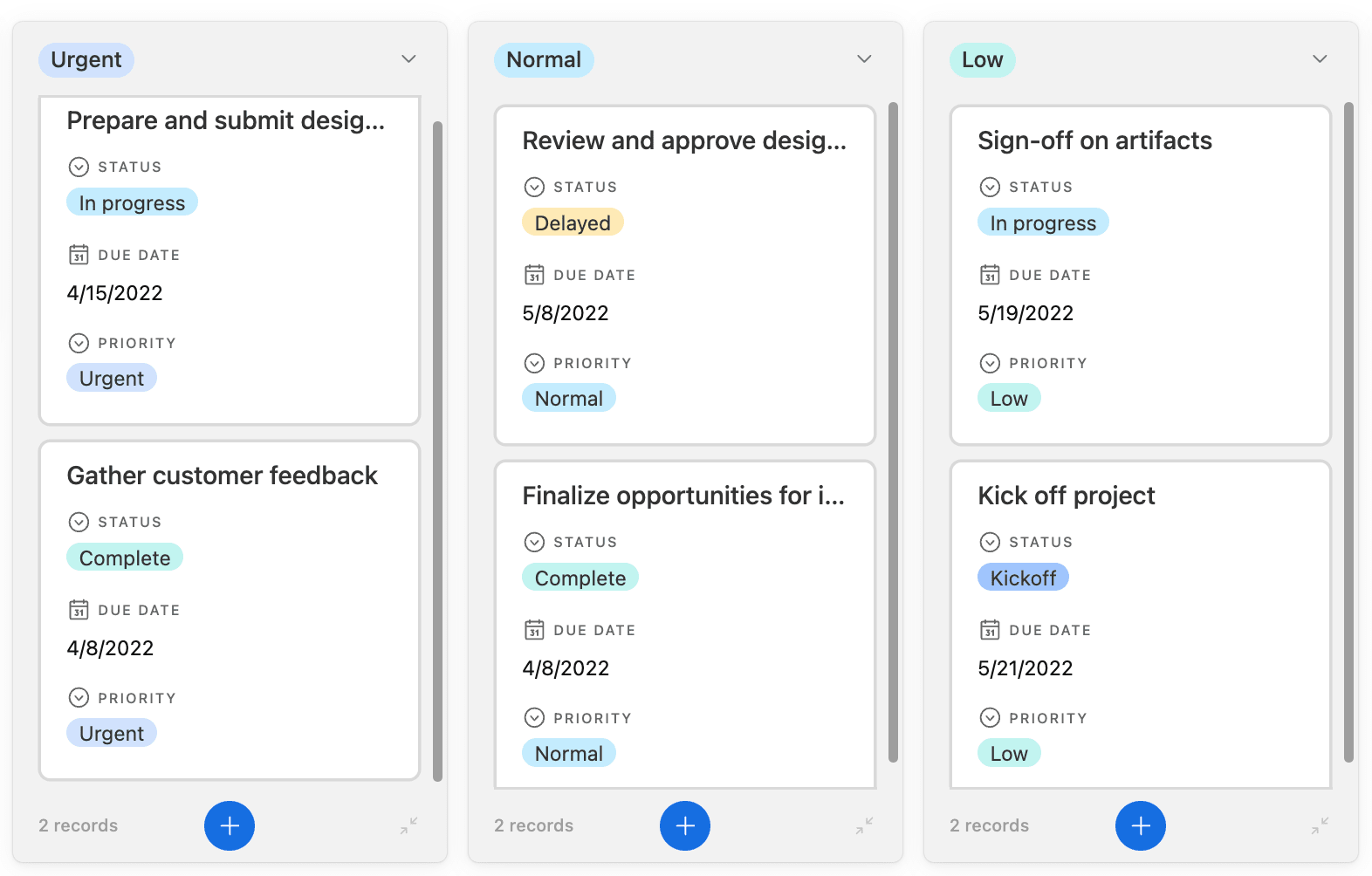 A screenshot of Airtable's interface to comapre to other Airtable alternatives. Shows a Kanban board with priorities including normal, urgent, and low.