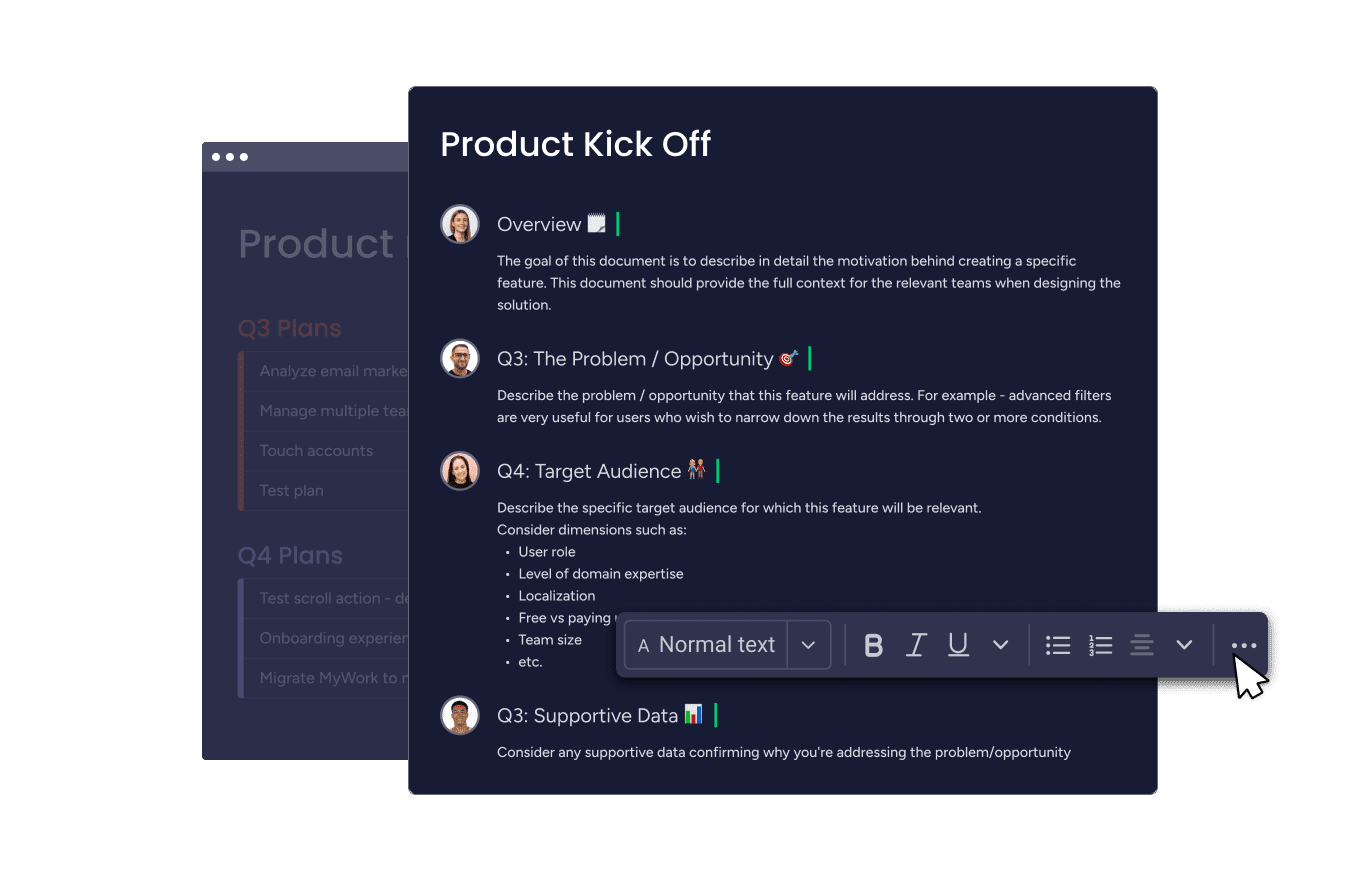 collaboration document in monday dev to show how the platform boosts streamlined communication within the agile testing process. Shows collaborative product kickoff document breaking down tasks and strategies by quarter.