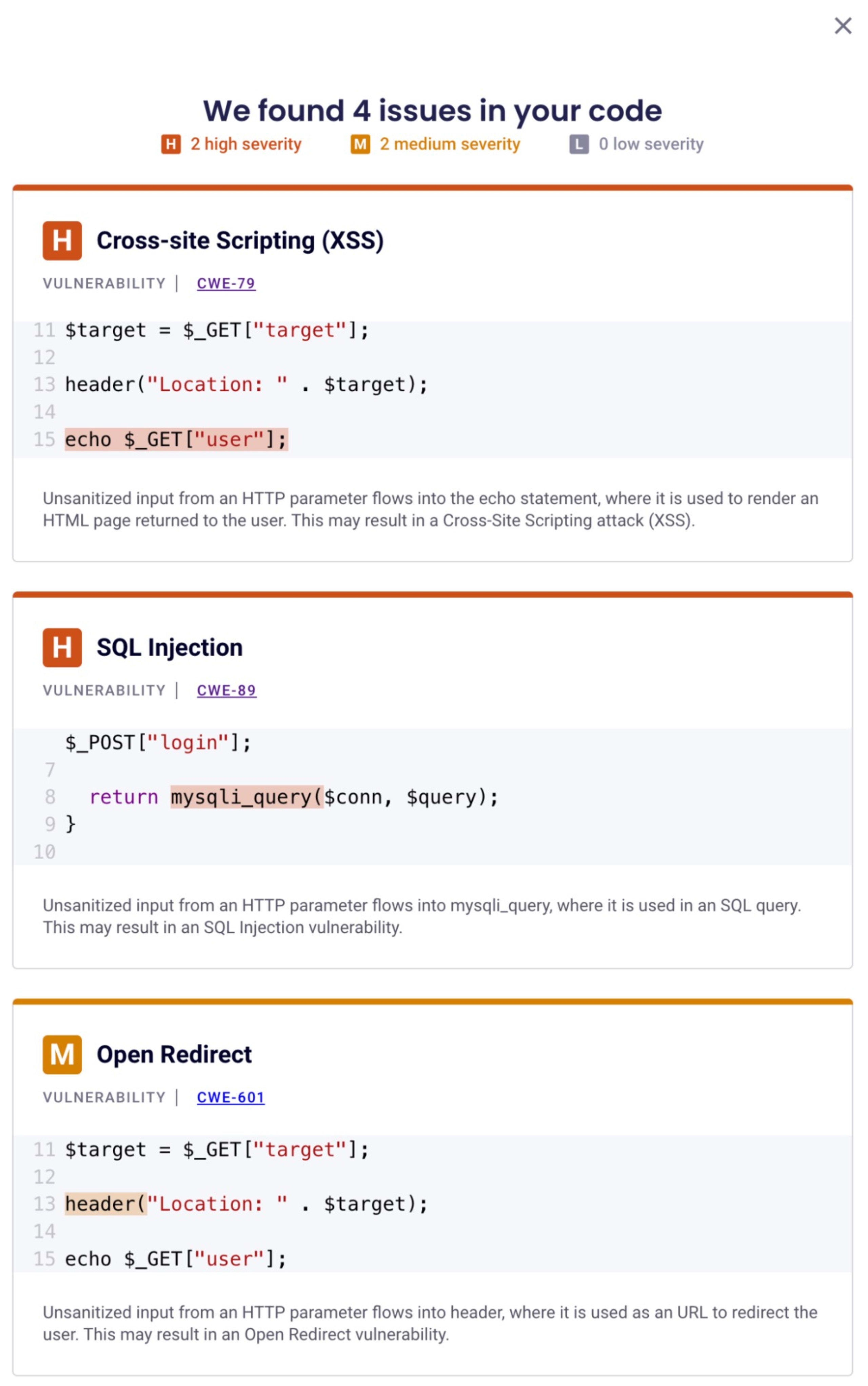 Snyk Code finds SQL injection vulnerabilities in PHP code.
