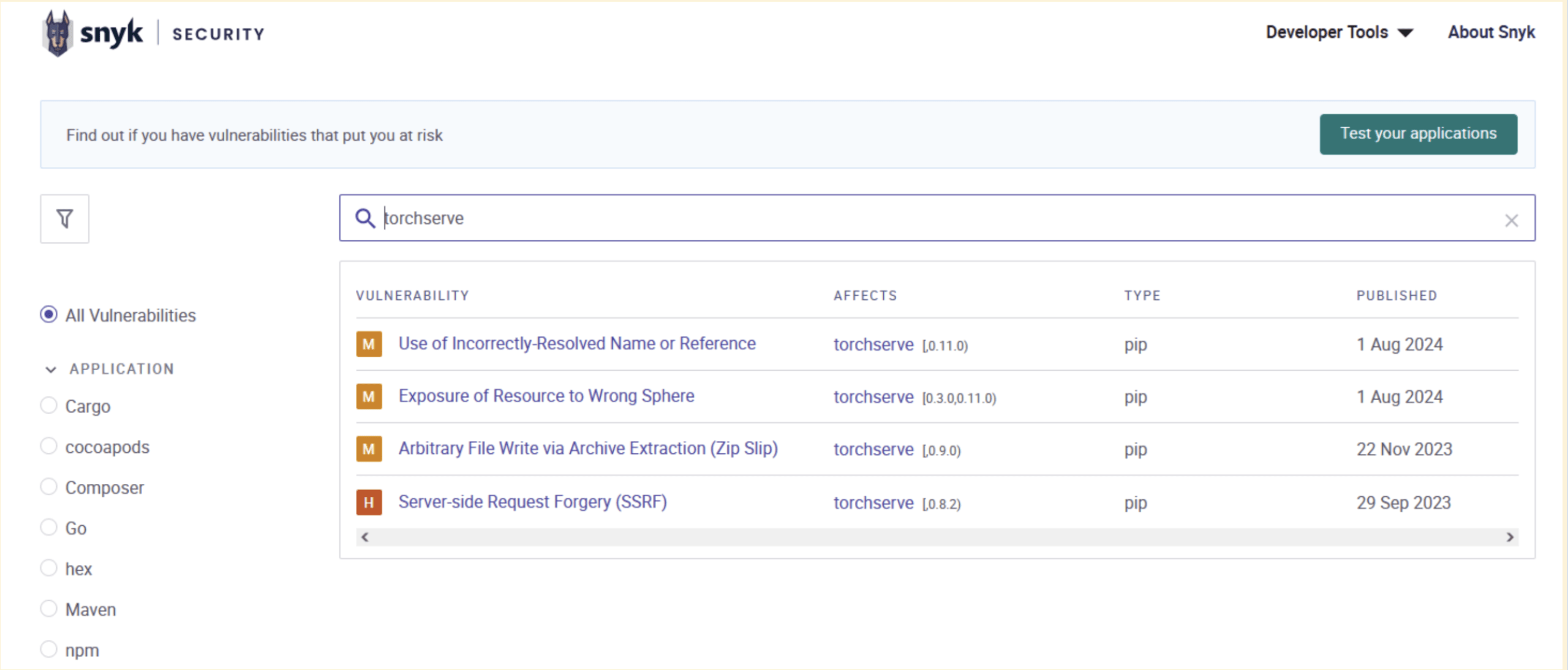 Snyk vulnerability database findings