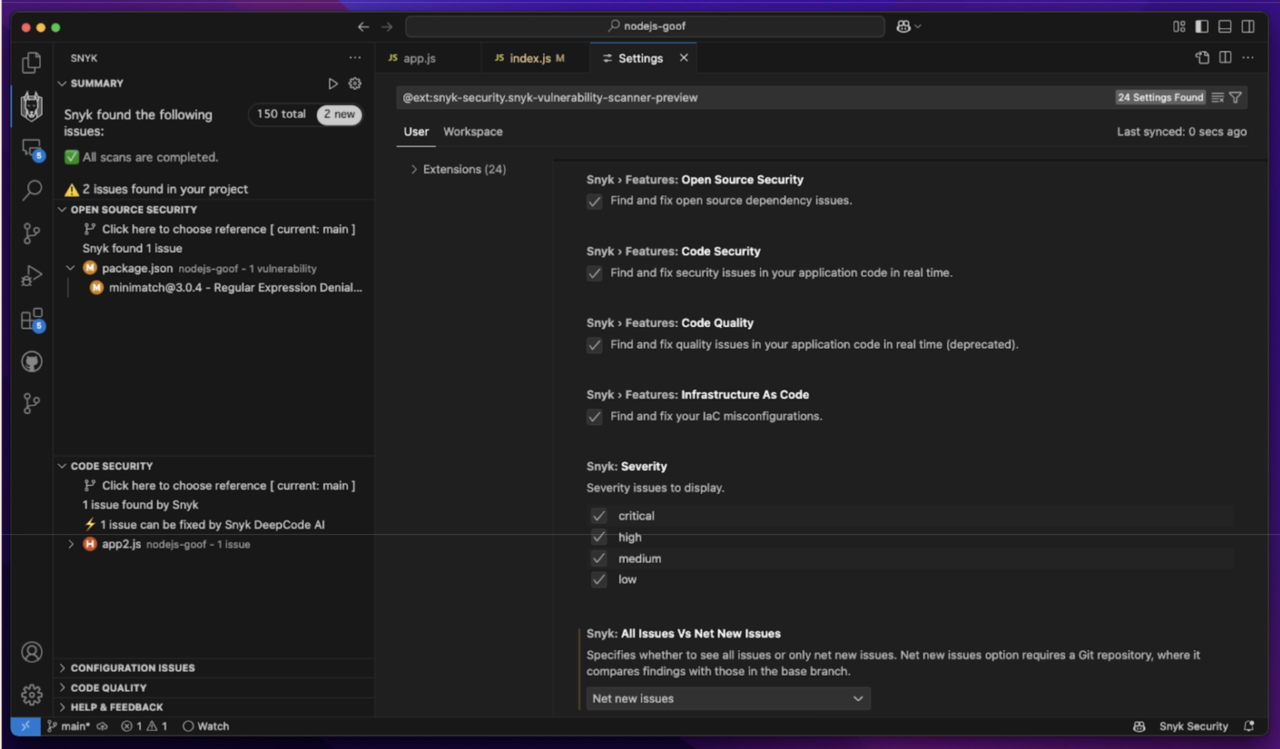 Snyk VS Code settings panel showing options to filter security findings. Users can select issue sources (Open Source, Code, IaC), severity levels (critical, high, medium, low), and whether to show all or only new issues compared to a base branch.
