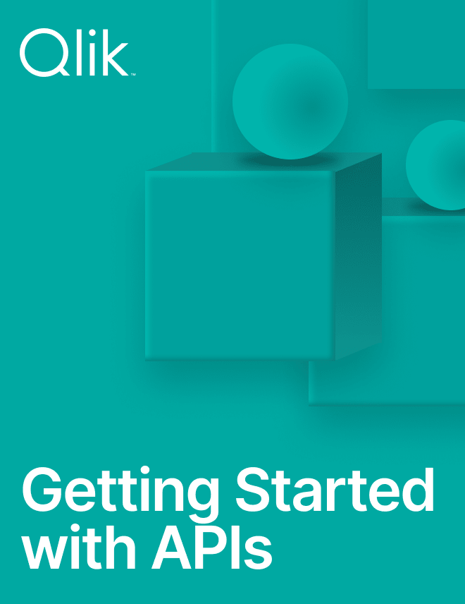 Copertina di una giuda di Qlik intitolata "Getting Started with APIs", con un disegno geometrico con cubi e sfere in tonalità azzurre.